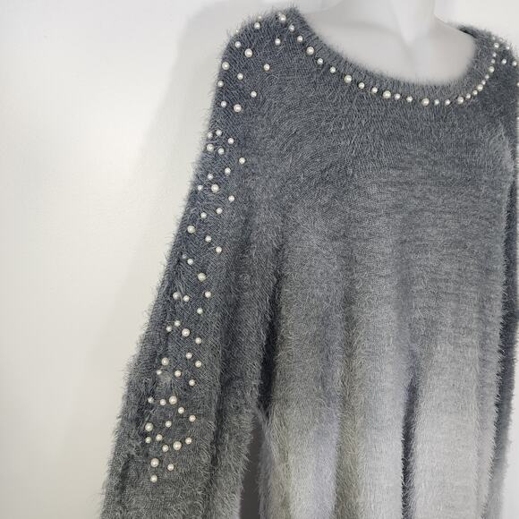 Venus Sweater Womens Size XL Soft Cozy Pearl Trim Gray Ombre Fuzzy Long Sleeve - Picture 4 of 10